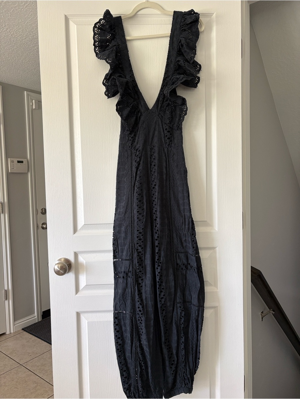 Free People Navy Eyelet Ruffle Back-Tie Jumpsuit - Picture 2 of 5